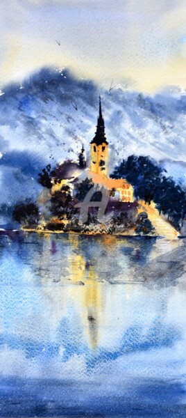 Schilderij getiteld "Bled Lake Slovenia…" door Nenad Kojić, Origineel Kunstwerk, Aquarel