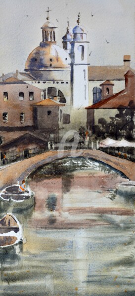 Painting titled "Venice Canal boat a…" by Nenad Kojić, Original Artwork, Watercolor