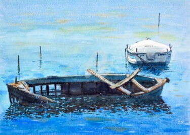 Pintura intitulada "Boats of Corfu isla…" por Nenad Kojić, Obras de arte originais, Aquarela