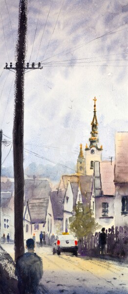 Painting titled "Cloudy day in Zemun…" by Nenad Kojić, Original Artwork, Watercolor