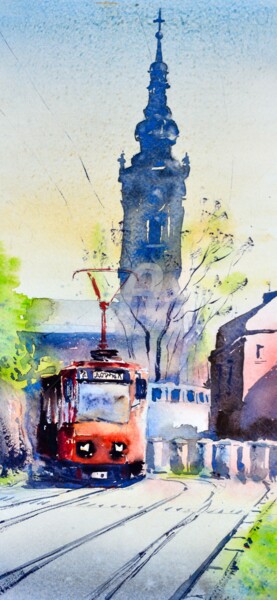 Painting titled "Red tram in old tow…" by Nenad Kojić, Original Artwork, Watercolor