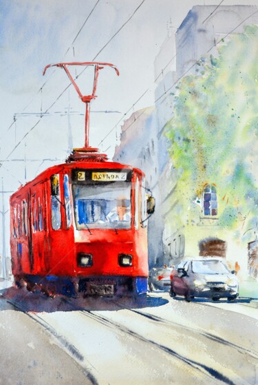 Malerei mit dem Titel "Old red tram Belgra…" von Nenad Kojić, Original-Kunstwerk, Aquarell