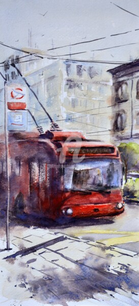 Painting titled "Trolleybus on the s…" by Nenad Kojić, Original Artwork, Watercolor