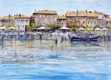 Painting titled "Boat line at high s…" by Nenad Kojić, Original Artwork, Watercolor