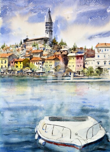 Malerei mit dem Titel "Old town skyline wi…" von Nenad Kojić, Original-Kunstwerk, Aquarell