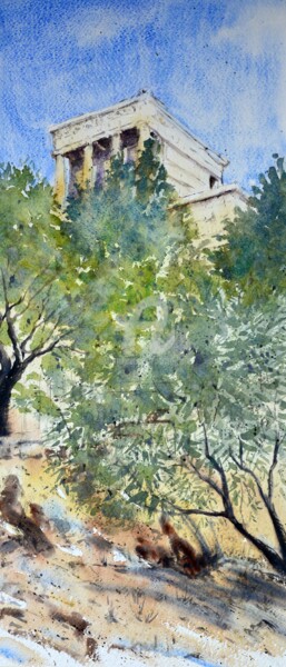 Peinture intitulée "Olive tree and Acro…" par Nenad Kojić, Œuvre d'art originale, Aquarelle