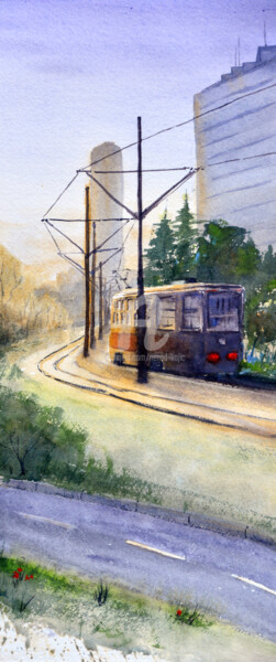 Pintura intitulada "Prvi jutarnji tramv…" por Nenad Kojić, Obras de arte originais, Aquarela
