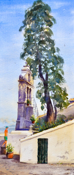 Painting titled "Church and tree Cor…" by Nenad Kojić, Original Artwork, Watercolor