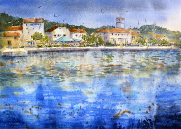 Painting titled "Veli Iž panoramic C…" by Nenad Kojić, Original Artwork, Watercolor
