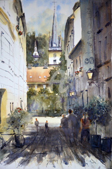 Schilderij getiteld "Ljubljana in green…" door Nenad Kojić, Origineel Kunstwerk, Aquarel