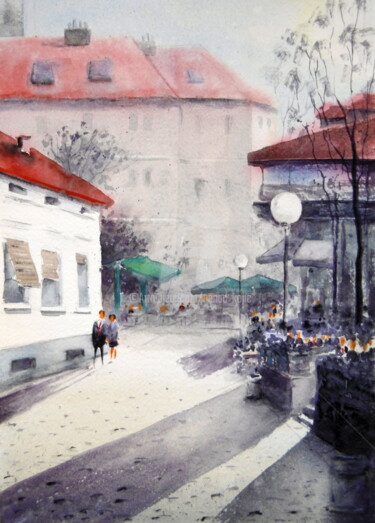 Malarstwo zatytułowany „Jesenje sunce / Aut…” autorstwa Nenad Kojić, Oryginalna praca, Akwarela