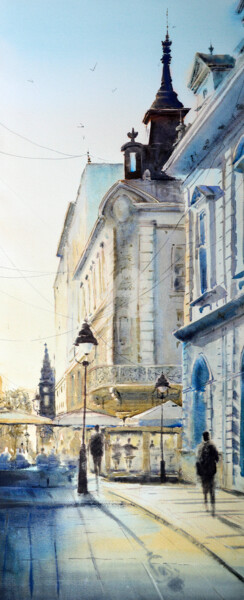 Peinture intitulée "Sunny day at corner…" par Nenad Kojić, Œuvre d'art originale, Aquarelle
