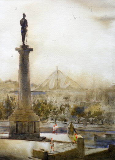 Painting titled "The winner statue a…" by Nenad Kojić, Original Artwork, Watercolor