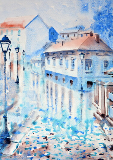 Malerei mit dem Titel "Blue and wet Skadar…" von Nenad Kojić, Original-Kunstwerk, Aquarell