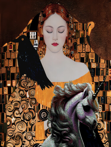 Digital Arts titled "Red Lady and Unicorn" by Nilson Eric Gonzalez Castro, Original Artwork, Digital Collage