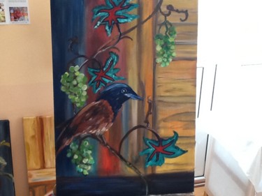 Painting titled "Grapes and bird.jpg" by Nermin Ekin, Original Artwork, Acrylic
