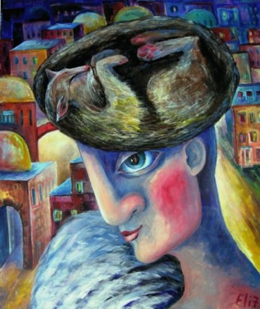 Painting titled "CAT-HAT" by Nesis Elisheva (Eli7), Original Artwork, Oil