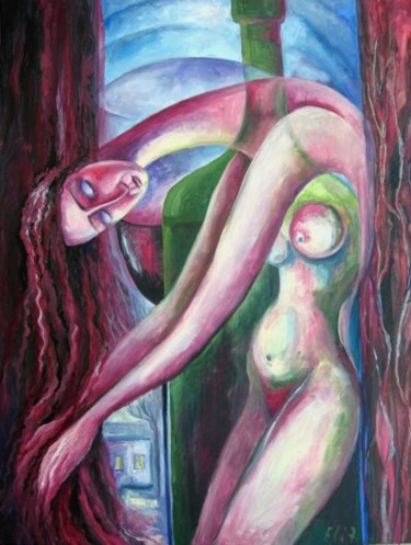 Painting titled "HAIR WASHING IN RED…" by Nesis Elisheva (Eli7), Original Artwork, Oil