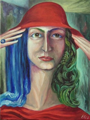 Painting titled "MRS. RED-HAT-WOLF" by Nesis Elisheva (Eli7), Original Artwork, Oil