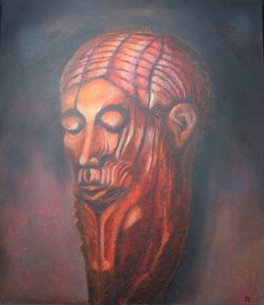 Painting titled "carved head" by Robert Neyt, Original Artwork, Oil Mounted on Other rigid panel