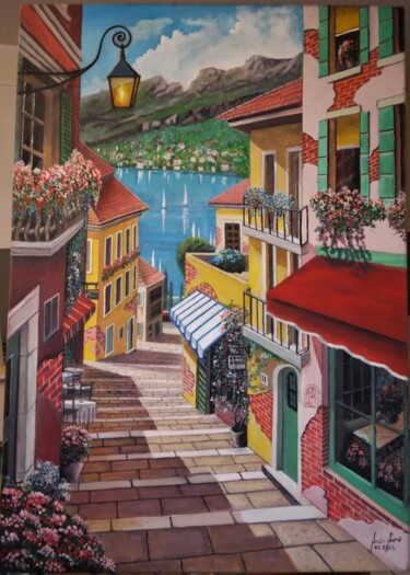 Schilderij getiteld ""Lago di Garda"" door Nezir Sarac, Origineel Kunstwerk, Olie Gemonteerd op Frame voor houten brancard