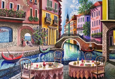 Pintura titulada ""Pranzo a Venezia"" por Nezir Sarac, Obra de arte original, Oleo Montado en Bastidor de camilla de madera