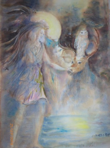 Painting titled "Artémis, déesse de…" by Nicole Faivre-Simoes, Original Artwork, Watercolor Mounted on Cardboard