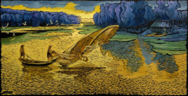Pittura intitolato "Sunrise on the river" da Nga Tran, Opera d'arte originale, Olio
