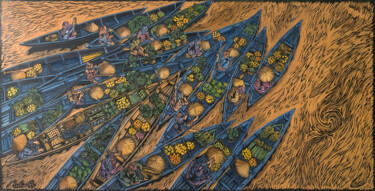Painting titled "Floating Market" by Nga Tran, Original Artwork, Oil