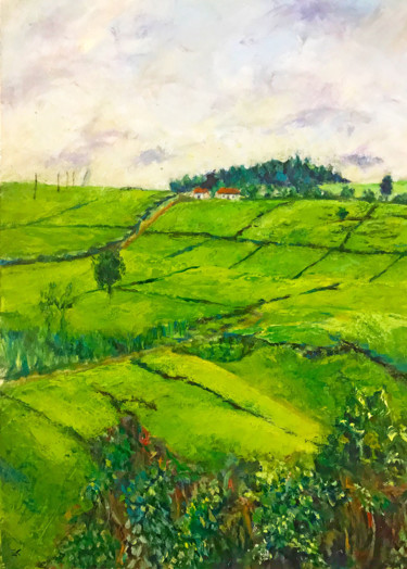 Schilderij getiteld "Cianda Tea farm" door Ngendo, Origineel Kunstwerk, Olie Gemonteerd op Andere stijve panelen