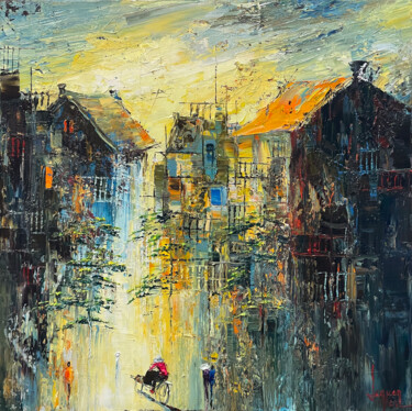 Painting titled "Dawn on the street*" by Ngoc Quan Le, Original Artwork, Oil Mounted on Wood Stretcher frame