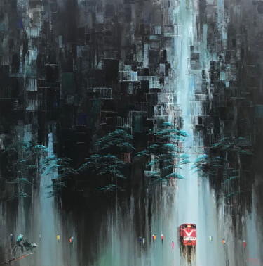 Картина под названием "Train Coffee Street" - Ngoc Quan Le, Подлинное произведение искусства, Масло