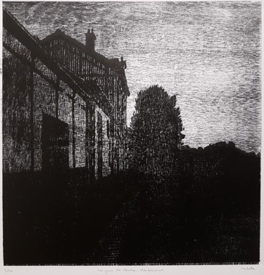 Druckgrafik mit dem Titel "La gare de Meulan-H…" von Nicolas Goulette, Original-Kunstwerk, Holzschnitt