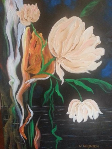 Painting titled "Water Flowers" by Natalia Hughson, Original Artwork, Oil