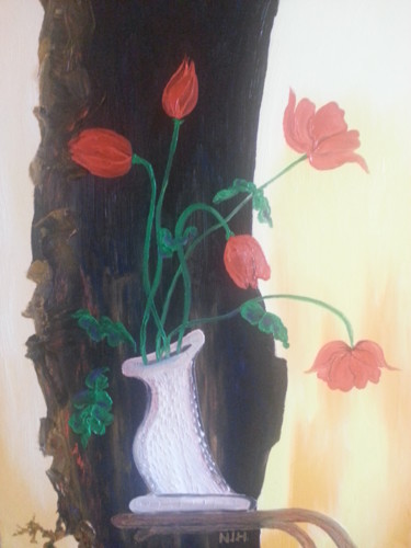 Painting titled "Red Flower" by Natalia Hughson, Original Artwork