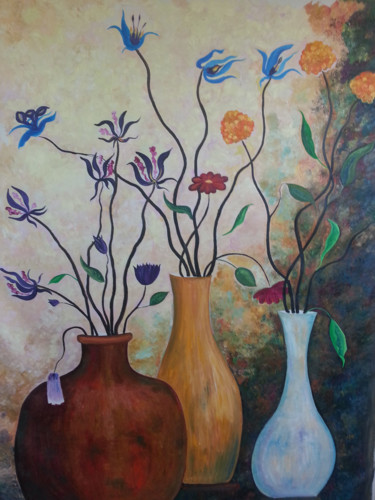 Painting titled "Dancing Flowers" by Natalia Hughson, Original Artwork, Oil