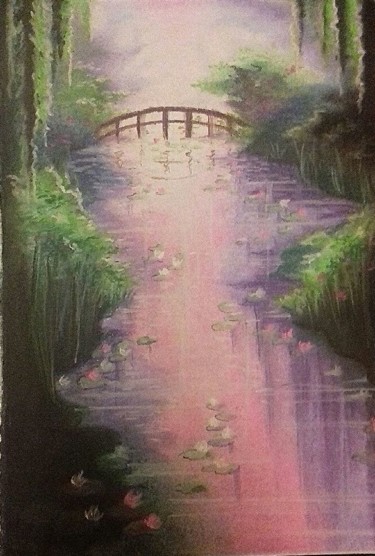 Painting titled "Pont sur l'eau" by Fanny Salvador, Original Artwork, Pastel