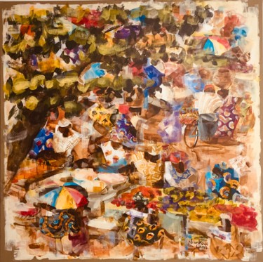 Картина под названием "L'ombre du flamboya…" - Niankoye Lama, Подлинное произведение искусства, Акрил Установлен на Деревянн…