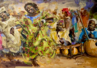 Schilderij getiteld "Danse du soir" door Niankoye Lama, Origineel Kunstwerk, Acryl Gemonteerd op Houten paneel