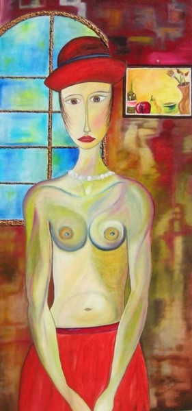 Pittura intitolato "Donna con quadro" da Cinzia Corvo (Nic), Opera d'arte originale