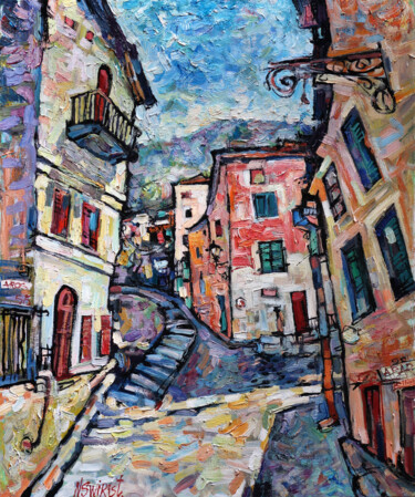 Painting titled "Noon in Kotor." by Nicifor Swiristuhin, Original Artwork, Oil Mounted on Wood Stretcher frame