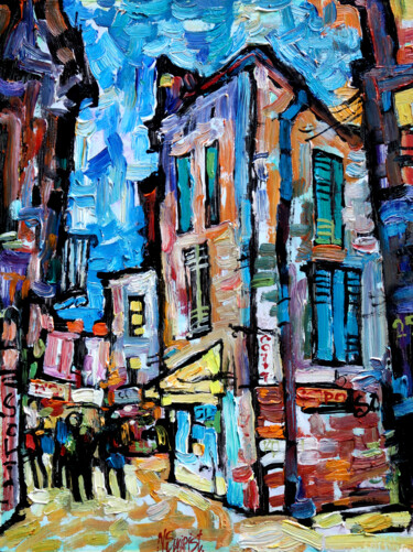 Painting titled "Evening in Kotor." by Nicifor Swiristuhin, Original Artwork, Oil Mounted on Wood Stretcher frame