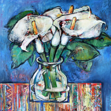 Painting titled "Calla flowers and c…" by Nicifor Swiristuhin, Original Artwork, Oil Mounted on Wood Stretcher frame