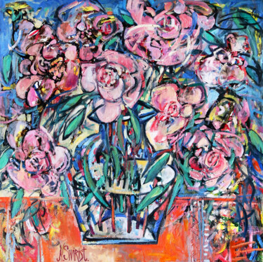 Painting titled "Peonies." by Nicifor Swiristuhin, Original Artwork, Oil Mounted on Wood Stretcher frame