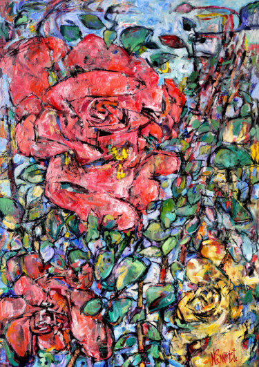 Painting titled "Rose and... roses." by Nicifor Swiristuhin, Original Artwork, Oil Mounted on Wood Stretcher frame