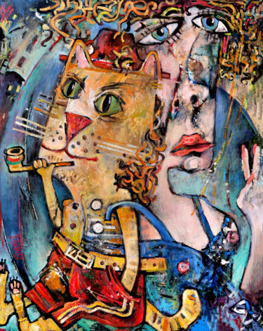 Painting titled "Girl, cat and peace…" by Nicifor Swiristuhin, Original Artwork, Oil Mounted on Wood Stretcher frame