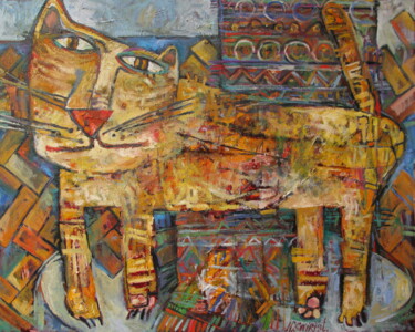 Картина под названием "Кот на ковре" - Nicifor Swiristuhin, Подлинное произведение искусства, Масло
