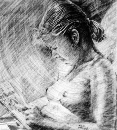 图画 标题为“Reading On The Beach” 由Nick Skarvelakis, 原创艺术品, 铅笔