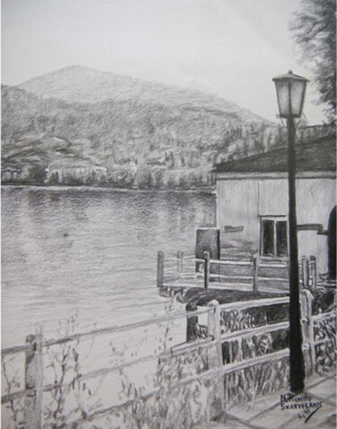 Painting titled "The City by the Lake" by Nick Skarvelakis, Original Artwork, Pencil