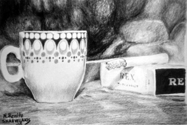 Dessin intitulée "Coffee Still Life" par Nick Skarvelakis, Œuvre d'art originale, Crayon